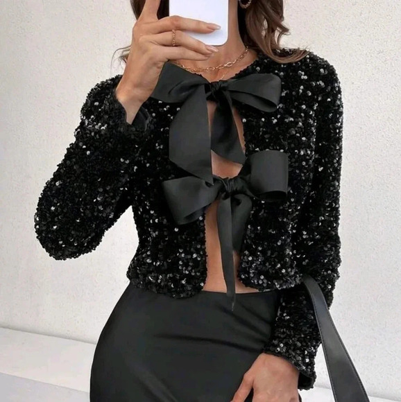 Women's Glittery Long Sleeve Jacket With Bow Decoration - Picture 5 of 7